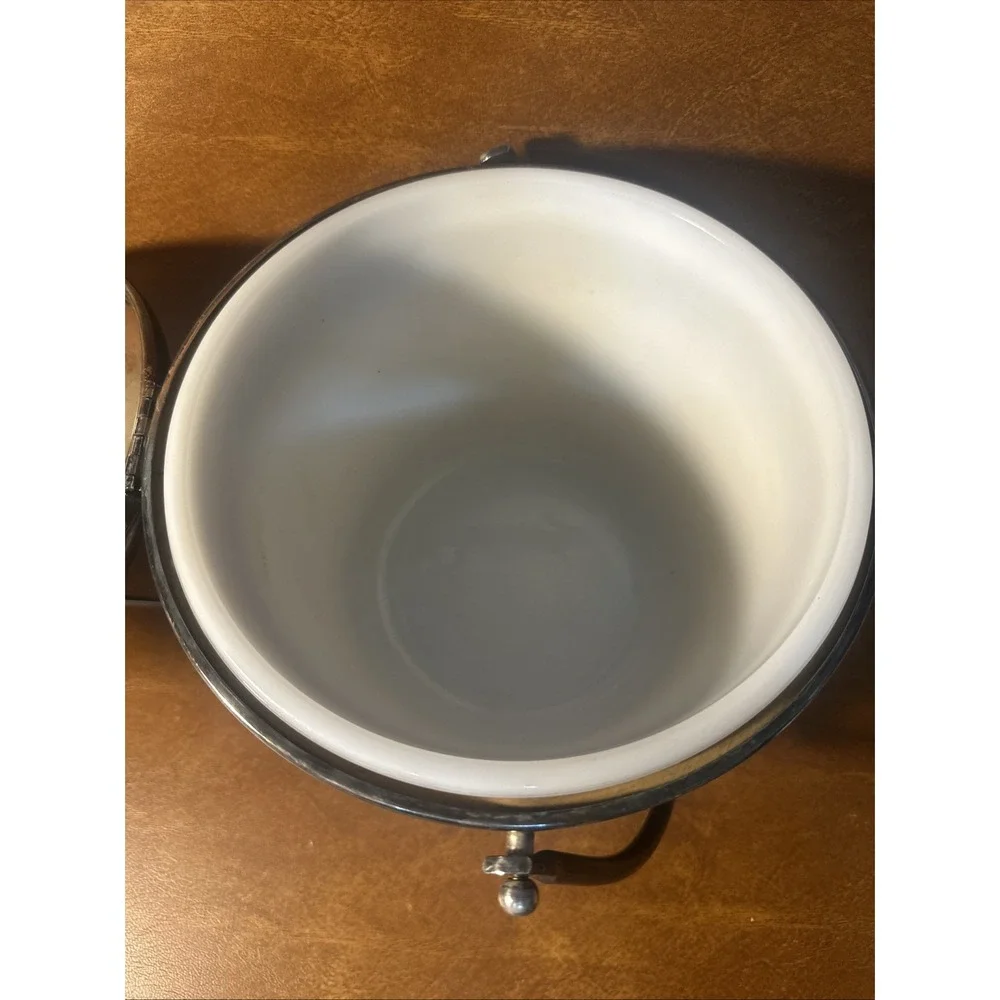 Vintage Silver Plated Mechanical Ice Bucket W Milk Glass, Swing Lid, Patina b